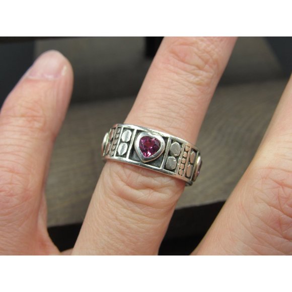 Size 6.25 Sterling Silver Pink Topaz Heart Gemstones Band Ring - Picture 3 of 8